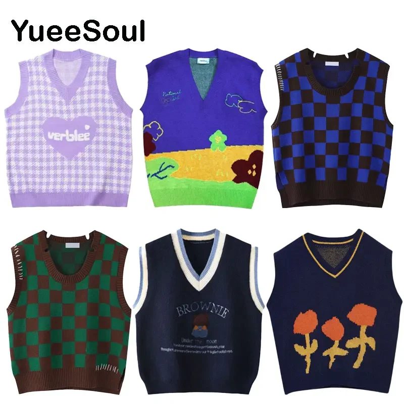 Japan Style Cute Women Sweater Vest Printed Sleeveless Loose Outerwear Knitted Waistcoat  Vintage Y2K Autumn Pullovers Tops