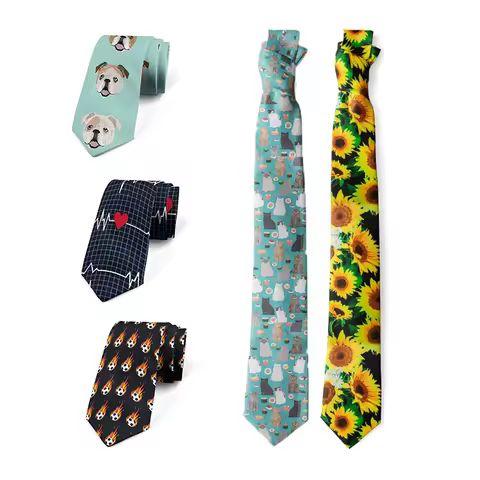 Funny cartoon dog and sunflower print tie fashion casual 8cm polyester men's and women's tie funny Harajuku party tie