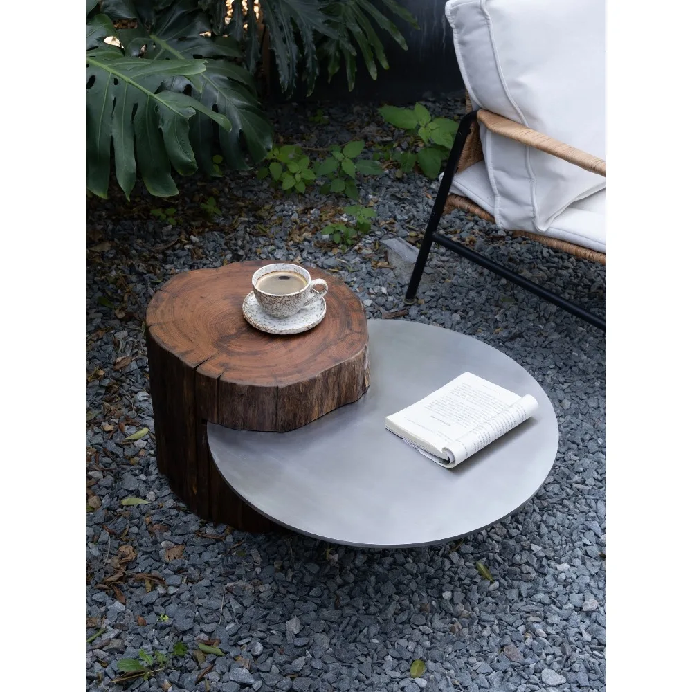

Outdoor teak stainless steel coffee table waterproof and sunscreen stainless steel edge table combination