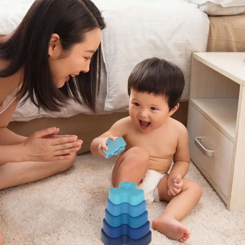 Jouets de dentition en silicone pour bébés, Montessori, sans BPA, en forme de fleur de dessin animé, empilable, nuits douces pour enfants