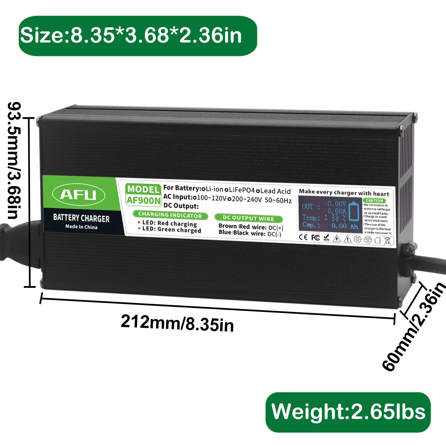 58.4V 15A LiFePO4 Battery Charger With OLED Display Smart Charger Usd for 16S 48V 51.2V LiFePO4 Battery Aluminum Case