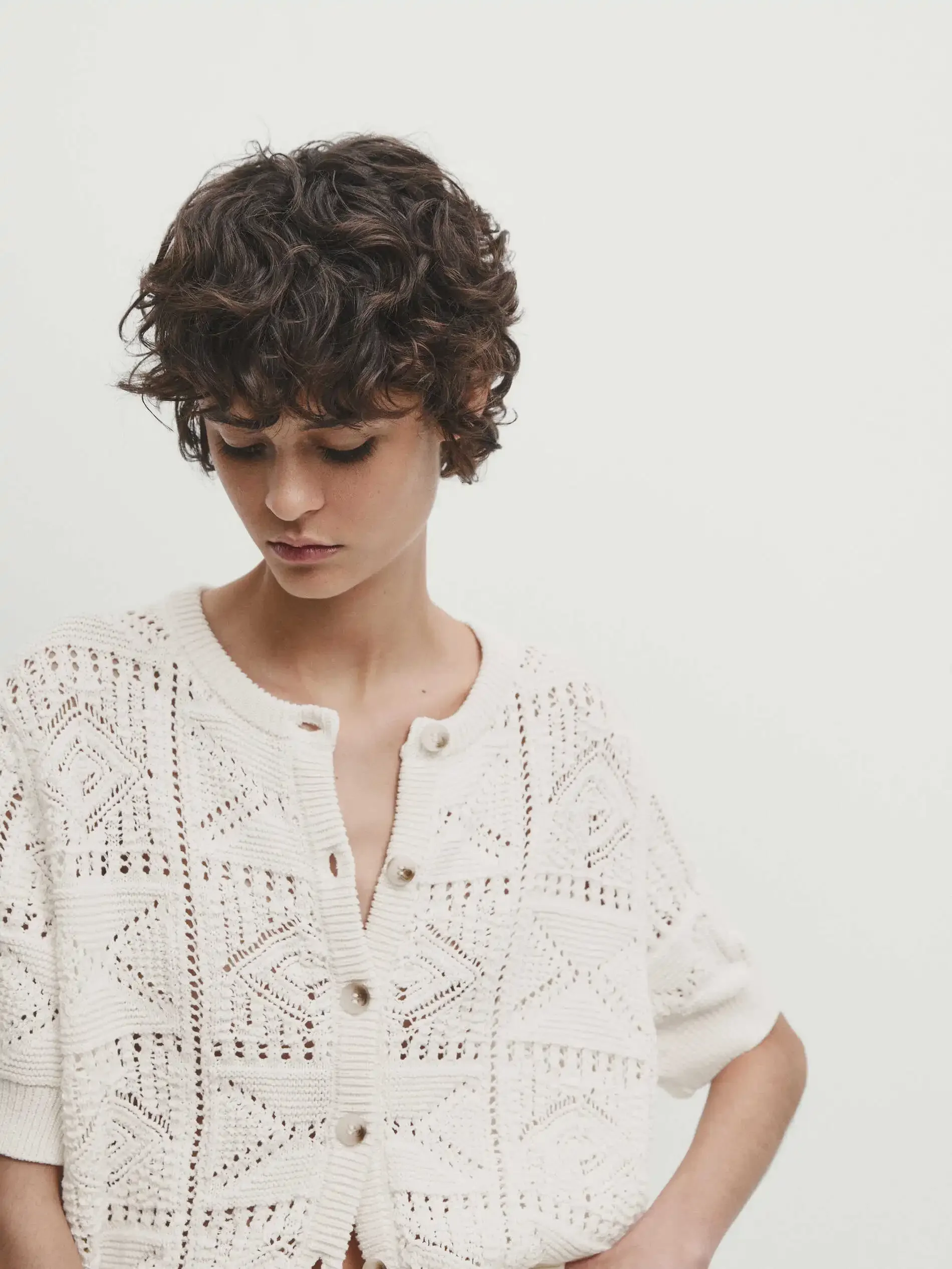 Ethereal costume 2025 massi spring new style of Women's fashion French romantic hollow-out round neck short sleeve knit cardigan