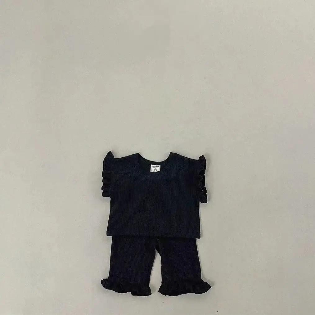 Summer thin rolled-edge simple design baby girl home clothes baby and child short-sleeved top shorts two-piece set