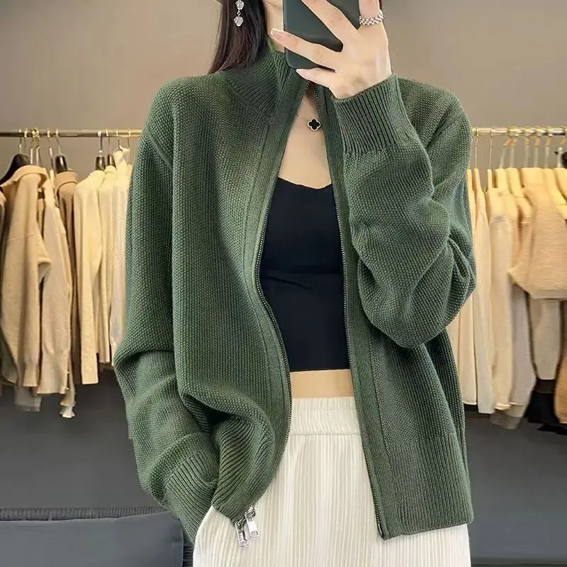 

Zip-up Long Sleeve Knitted Cardigan Women's Coat Autumn Standing Collar Sweater Cardigan Casual Temperament Over The Top Sweater