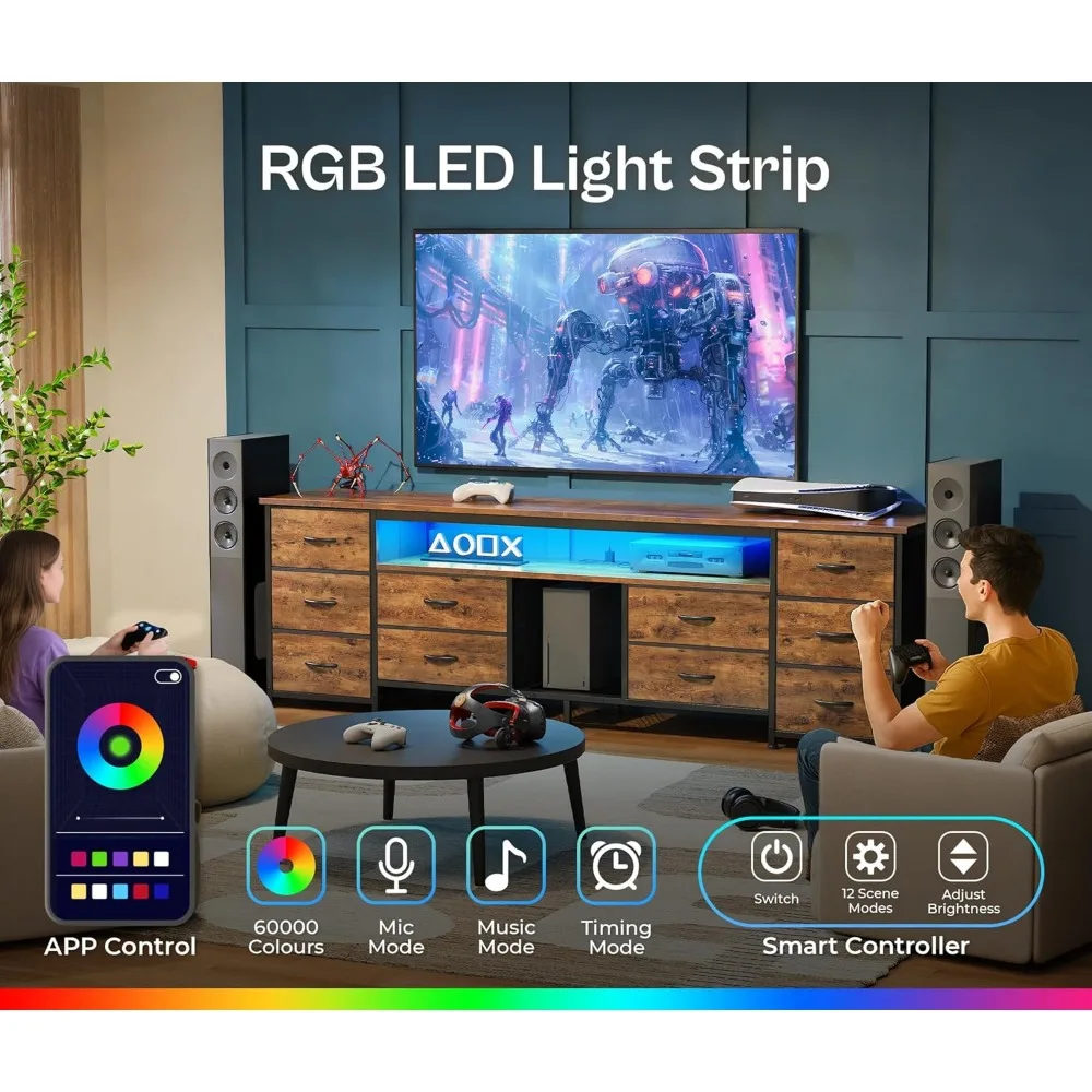 حامل تلفزيون LED كبير 70.9 بوصة مع أدراج قماشية ومنافذ طاقة ومنفذ USB-C وإضاءة LED لاستخدام غرفة النوم