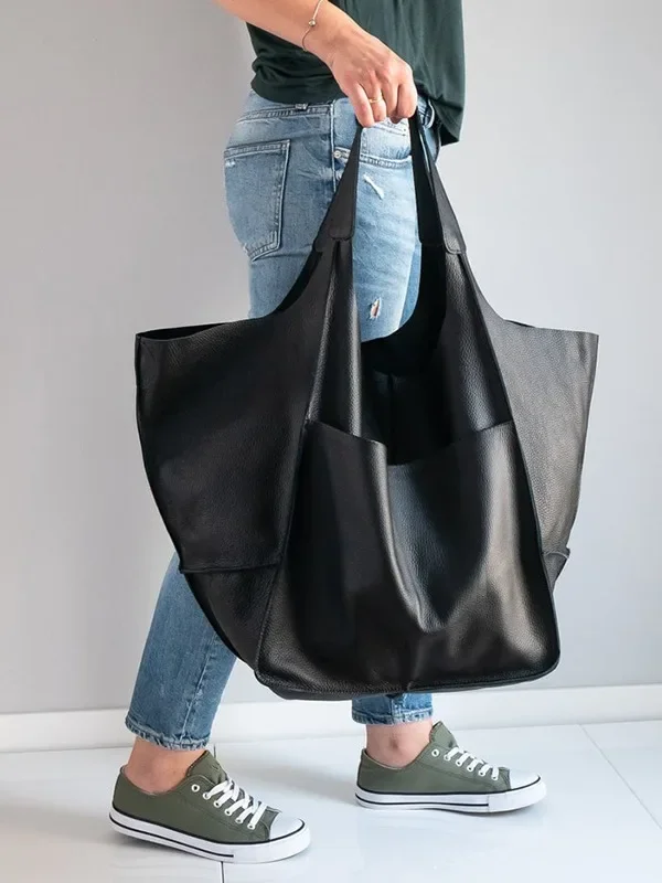 Rretro Tote Bag Leather Large Capacity Zipper Shoulder Bag Solid Color Multifunction Handbags for Ladies Shopping Commuting Bag