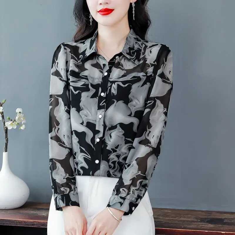 Women\'s Korean Fashion Print Elegant Button Up Shirt Spring Autumn Office Lady Lapel Blouse Long Sleeve Loose Tops Casual Blusas