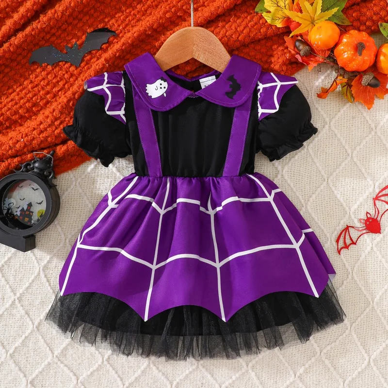Spider Web Tulle Baby Romper Dress Purple Black Halloween Newborn Infant Toddler Costume Outfit Clothes