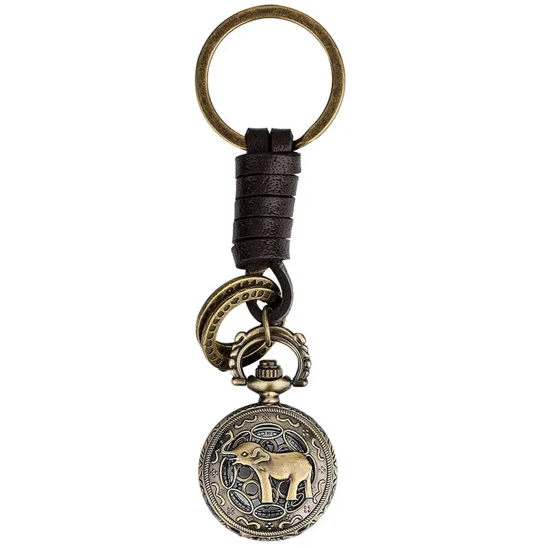 Vintage Lovely Elephant Design Mini Clock Pendant Key Ring Timepiece Portable Quartz Analog Pocket Watch for Men Women Gift