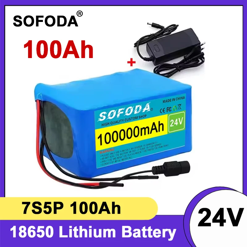 NEW 7S5P 18650 Lithium Battery Pack 24V 100Ah 15A BMS 500W 29.4V 100000mAh for Wheelchair Electric Vehicle Plus 2A Charger