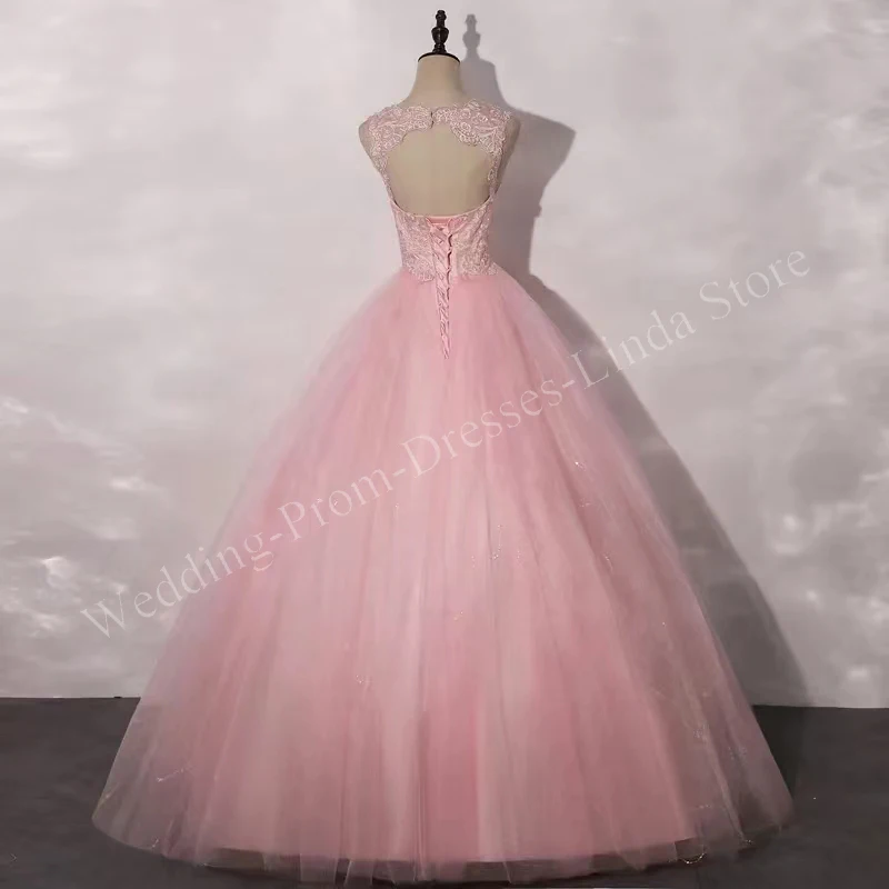 Vestido De quinceañera De tul con cuentas, traje De baile largo hasta el suelo, sin mangas, color rosa, para 15 Años, fiesta De graduación, boda, 2023