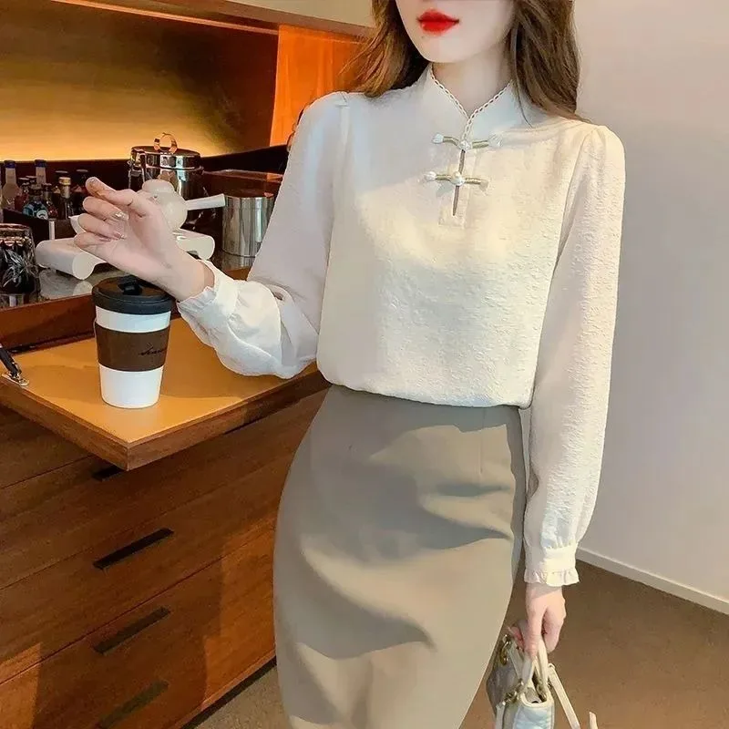 Women\'s Autumn Casual Simplicity Solid Color Long Sleeve Shirts Women Clothes Fashion Elegant Chinese Style Temperament Tops