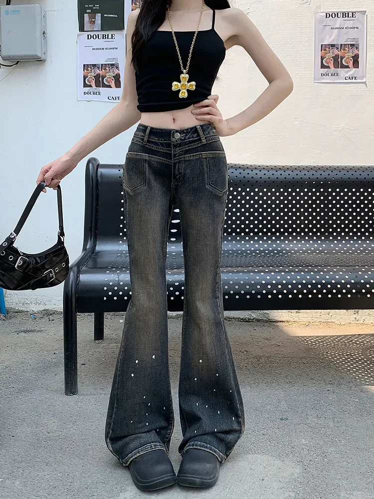 American style design splashed ink slim fit jeans women's summer 2025 new style vintage high waist slimming bell bottom pants