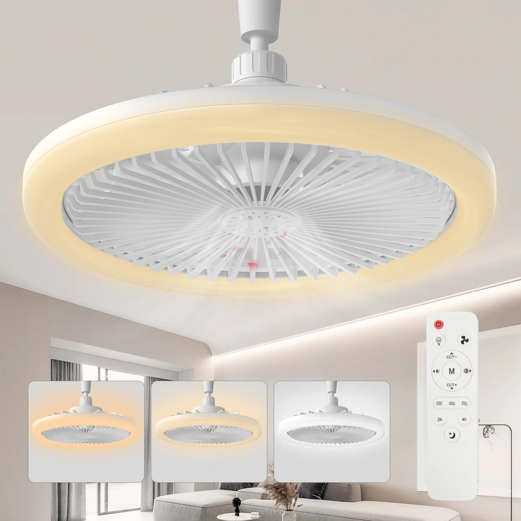 IRALAN Ceiling Fan With Light E27 Socket 10 Inch 85-265V 3 Fan Speeds Dimmable Easy To install For Bedroom Fixtures