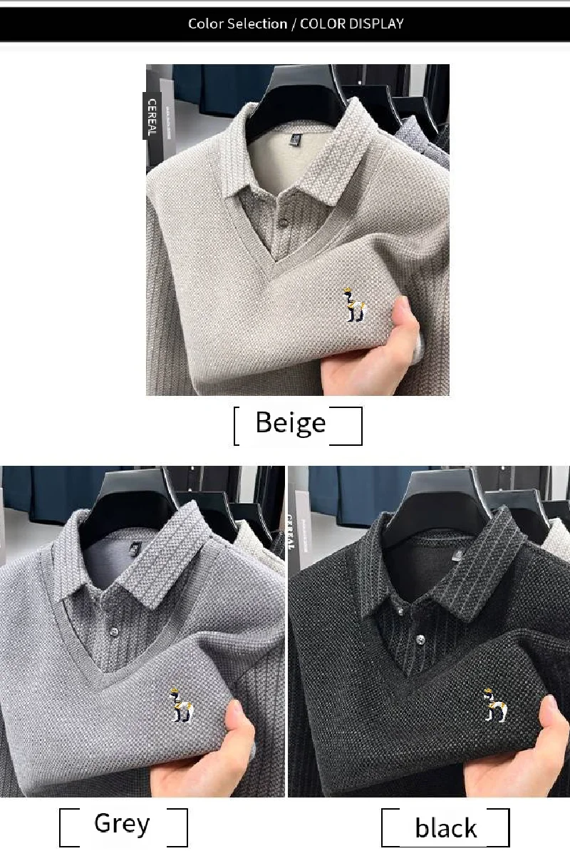 Komfortables Herren-Langarm-Poloshirt, Zweiteiliges Design mit Revers und Knöpfen, Exquisite Stickerei, Verdicktes Fleecefutter, Winter-Freizeit-Oberteil – Detail 11