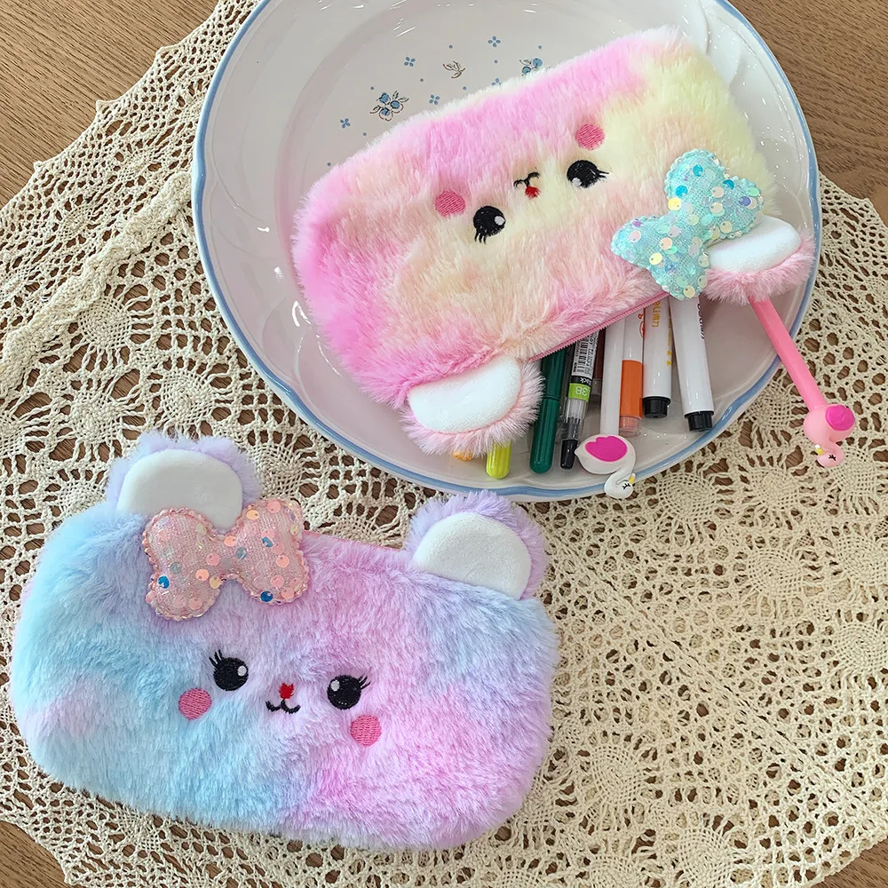 Gradient Plush Bunny Pencil Pouch Cartoon Soft Pen Bag Makeup Pouch Rainbow Pencil Case Pen Stationery Holder School Supplies