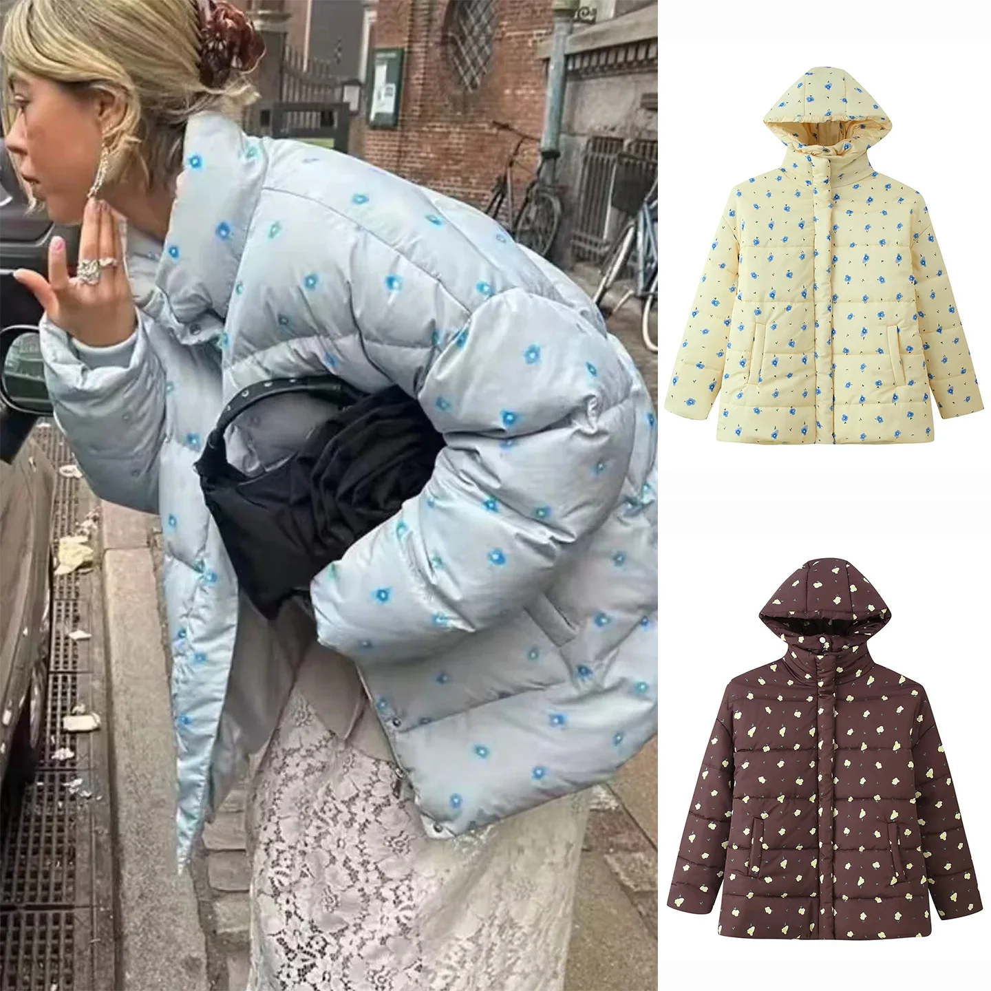 

Новое зимнее женское свободное пальто на молнии, длинное хлопковое пальто-джак с капюшоном и цветочным принтом, прямое, обычная длина све