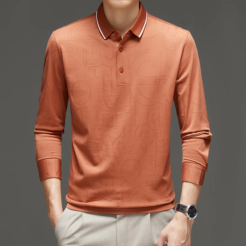 

Spring Lapel Long-sleeved T-shirt Men's Fashion Cotton Printed Polo Shirt Business Casual Knitting Bottom Shirt