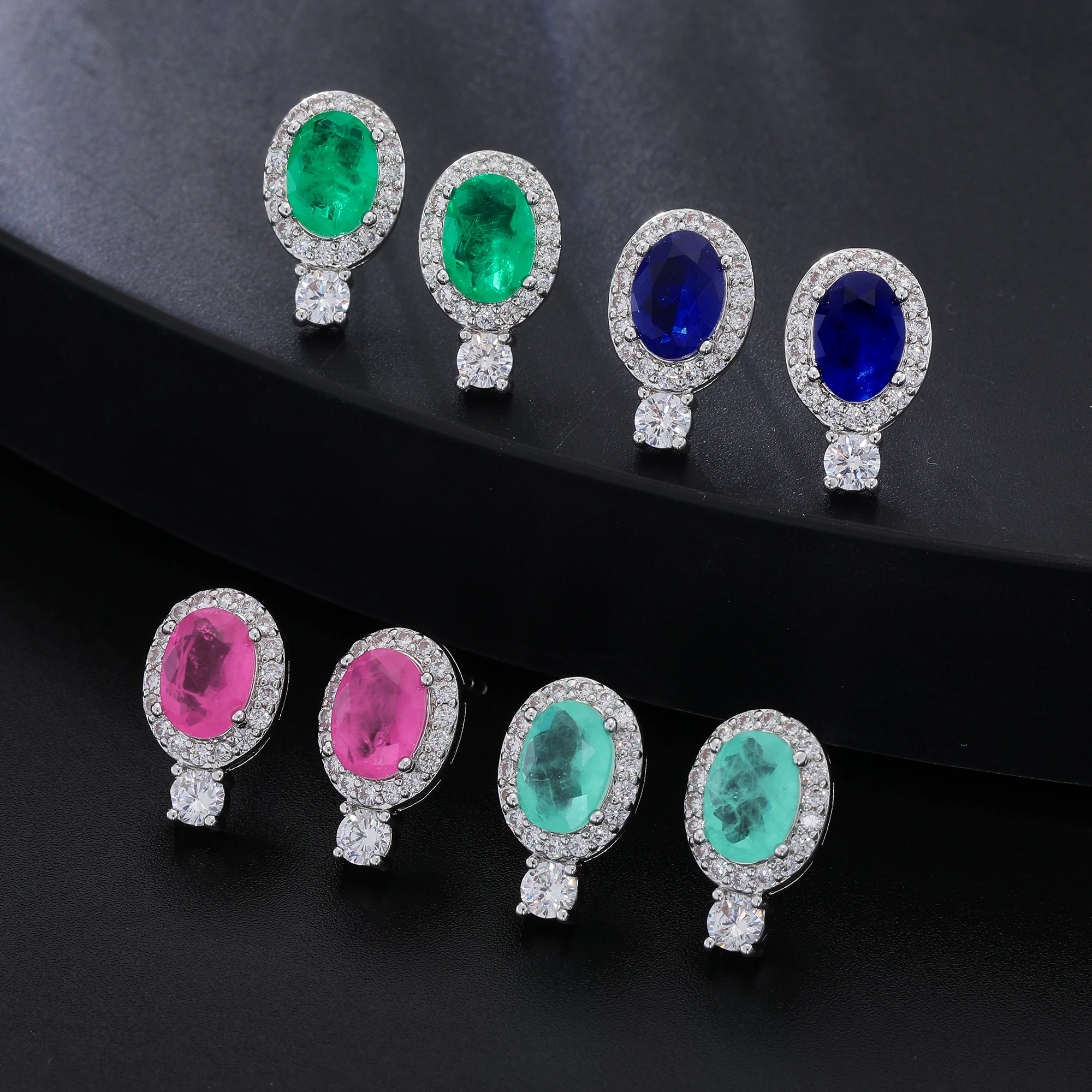 

Hot Sale Delicate Four Color Earrings Oval Fusion Stone White Gold Plated Women's Jewelry