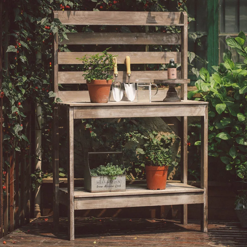 Gardening console retro old solid wood gardening table gardening tools storage garden racks.