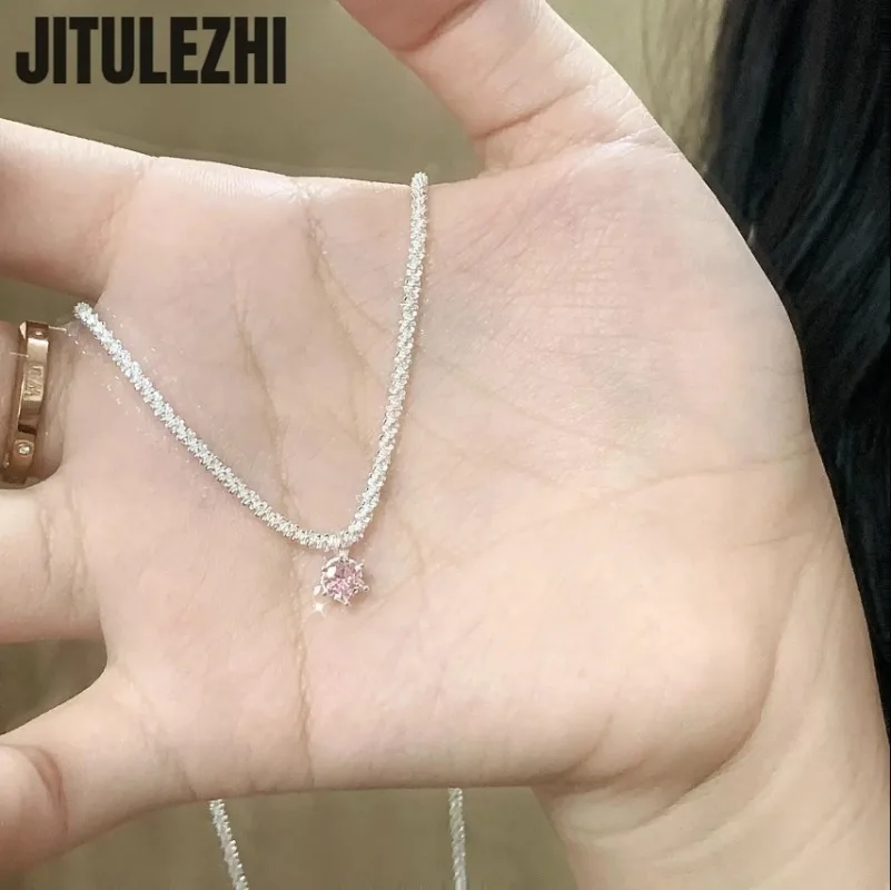 

Fashion pendant necklace, ladies' single diamond, pink gemstone set, wedding party silver jewelry