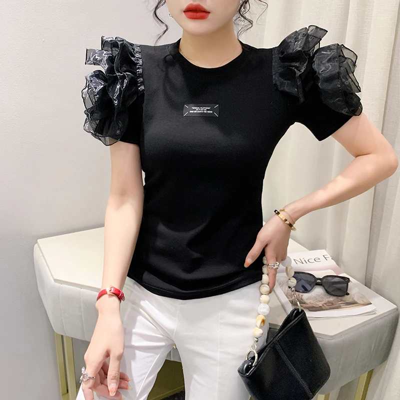 

Black Summer Korean Style Cotton T-Shirt Sexy Patchwork Mesh Ruffles Women's Short Sleeve Tops All Match Hot Tees 2024 New 44816