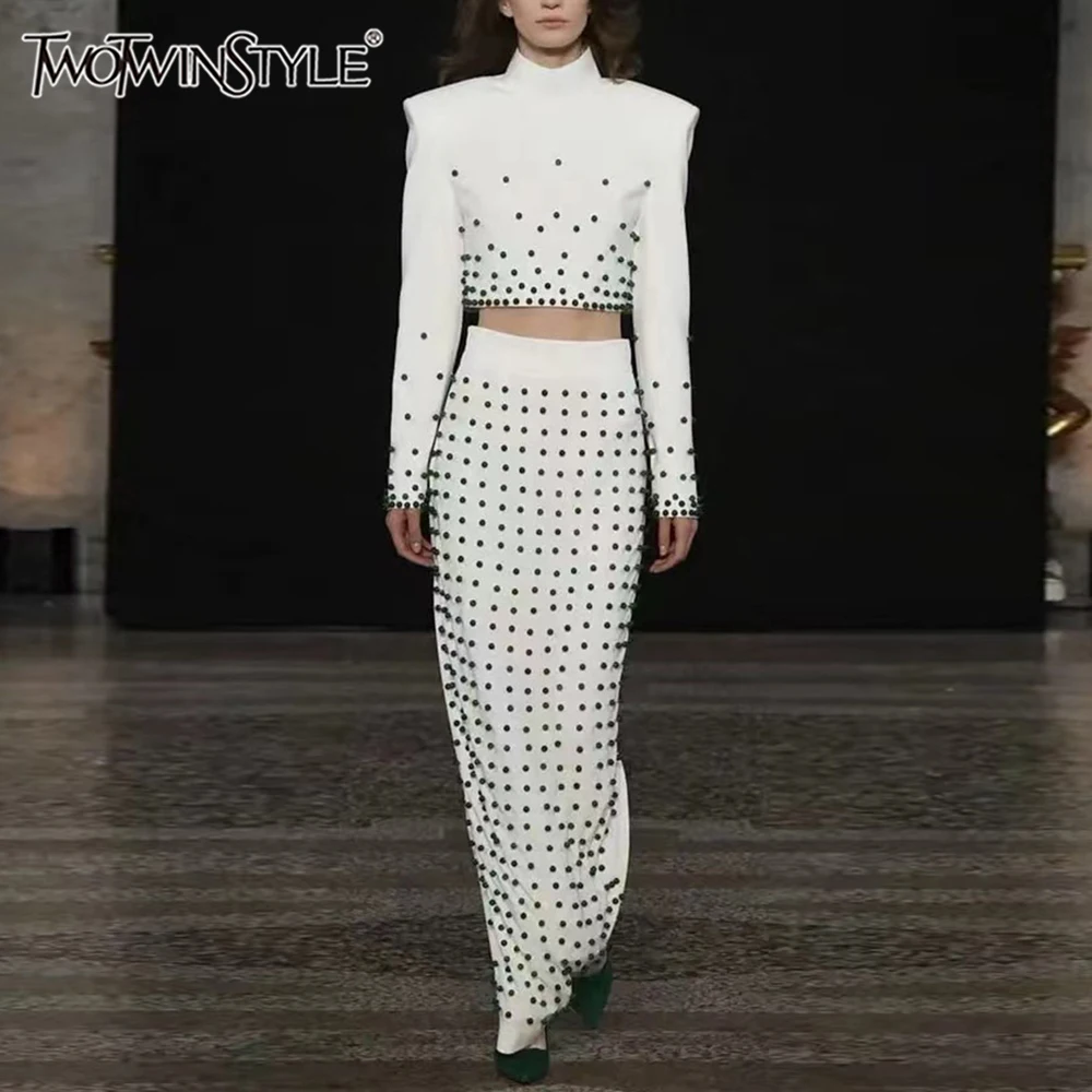 TWOTWINSTYLE Slimming Two Piece Set For Women Round Neck Long Sleeve Top High Waist Skirt Patchwork Pearls Elegant Sets Female