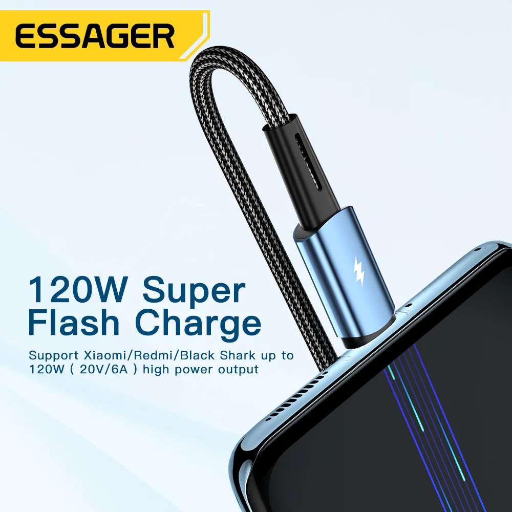 Essager 120W USB Type C Cable For Xiaomi 12Pro 6A For Redmi K50 Note 11Pro Black Shark 5Pro USB Fast Charge Cables Data Cord 2m