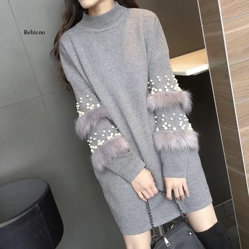 

2022 Long Sweater Dress Women Faux Fur Beading Jumper Pullover Oversize Sueter Mujer Turtleneck Coat Pull Femme Autumn Winter