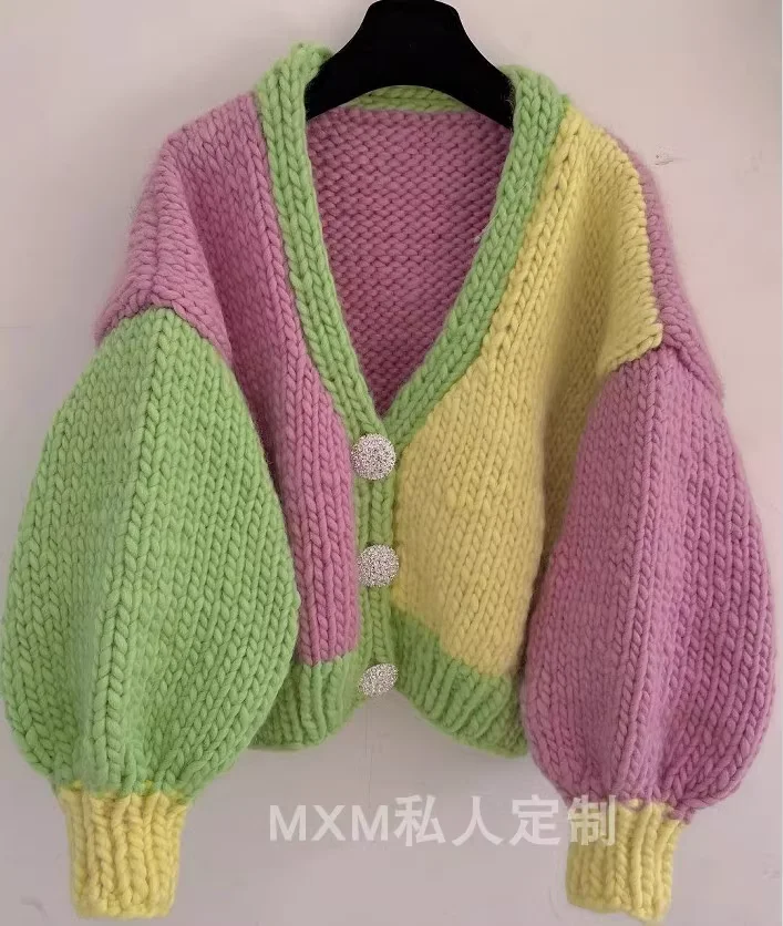 Knitted Wool Cardigan for Women, Thick Needle Contrast Sweater, 100% Pure Wool, Pure Hand Coat, New, 2024 Autumn and Winter