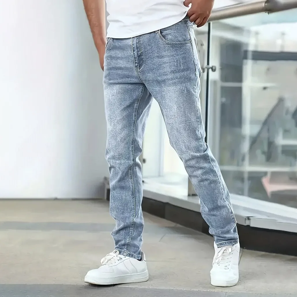 Men's Four-Season Snowflake Washed Fashion Jeans, Stretch Slim Fit Light Gray Dark Black Casual Denim Pants, Normcore and Fashio
