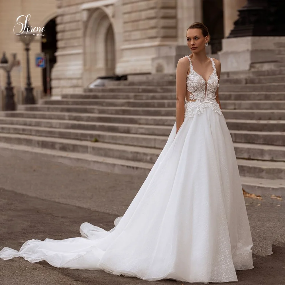 Sirene Moderne V-hals Ruglooze Vloerlengte A-lijn Korte Mouw Kanten Bruidsjurk 2025, Trouwjurk Vestidos De Novia Aangepast