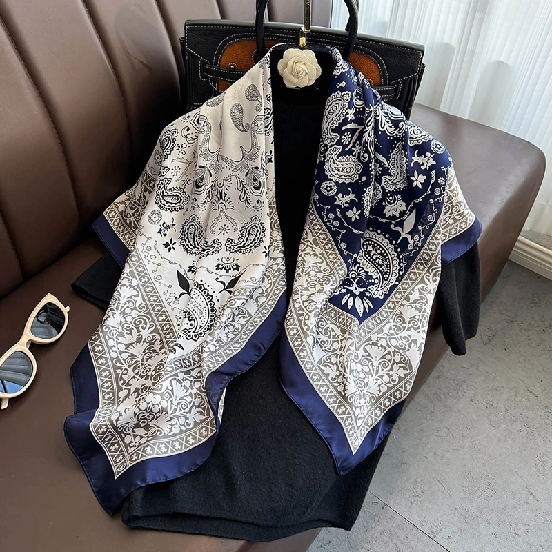 90*90 ซม.ซาตินผ้าพันคอสแควร์ผู้หญิง Hijab Paisley Cashew พิมพ์ผ้าไหมผ้าพันคอ Neckerchief Shawl Wraps ผมอุปกรณ์เสริมผ้าพันคอ