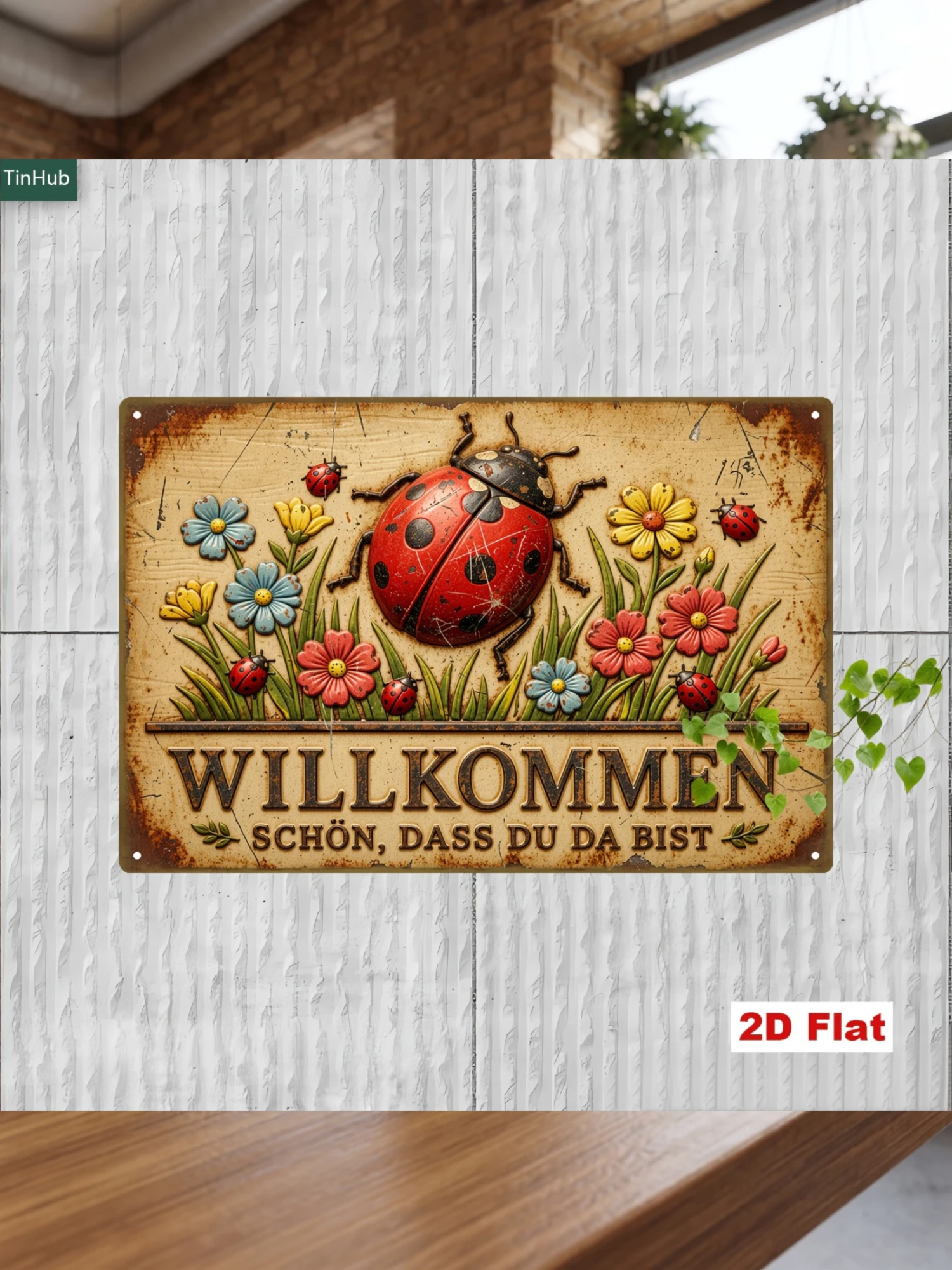 2D Flat, 2D Flat 1pc Vintage Ladybug Metal Sign, 7.87x11.81inch Iron Sign with German Welcome Quote Design, Rustic Floral Decoration, Suitable for Home, Porch, Cafe, Garden, Insect-Themed Wall Decor, Metal Hanging Picture, Wall Art, Vintage Tin