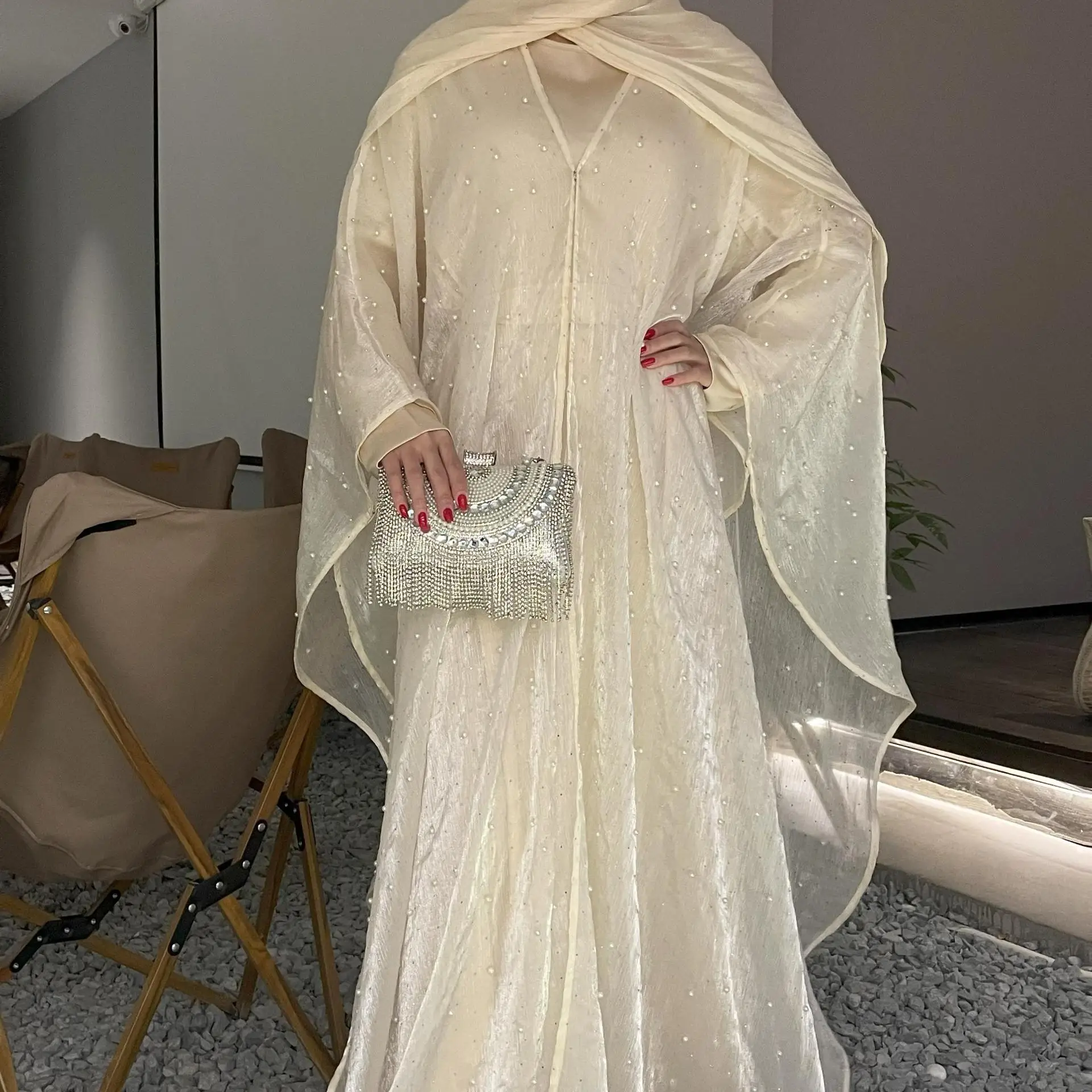 Sparkling Abaya two piece set, pearl tulle cape shines like a starry night sky, party, wedding,  batwing sleeves satin lining