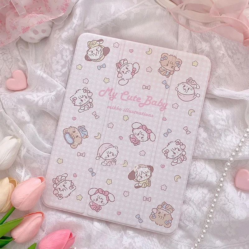 Korean Ins Pink Cat New Tablet Case For iPad Pro 11 12.9in 13 M4 9.7 10.2 5/6th 7/8/9 10 11th MINI 6 7 Air 5 6 7 Trifold Case