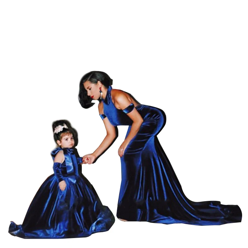 Mãe filha vestido sem costas sereia veludo vestido de noite fora do ombro halter azul royal longo vestidos de baile vestidos