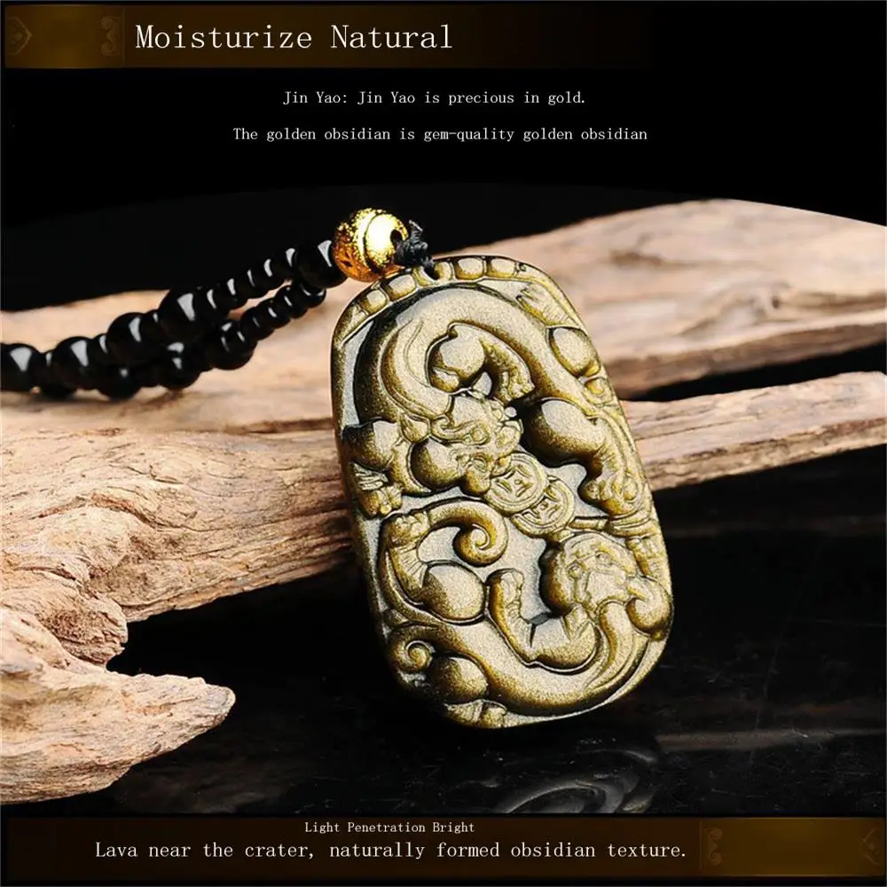 

Natural Gold Obsidian Pixiu Pendant Engraver Customized Fashion Amulet Mascot Charm Luxury Fine Jewelry Best Selling Handicraft