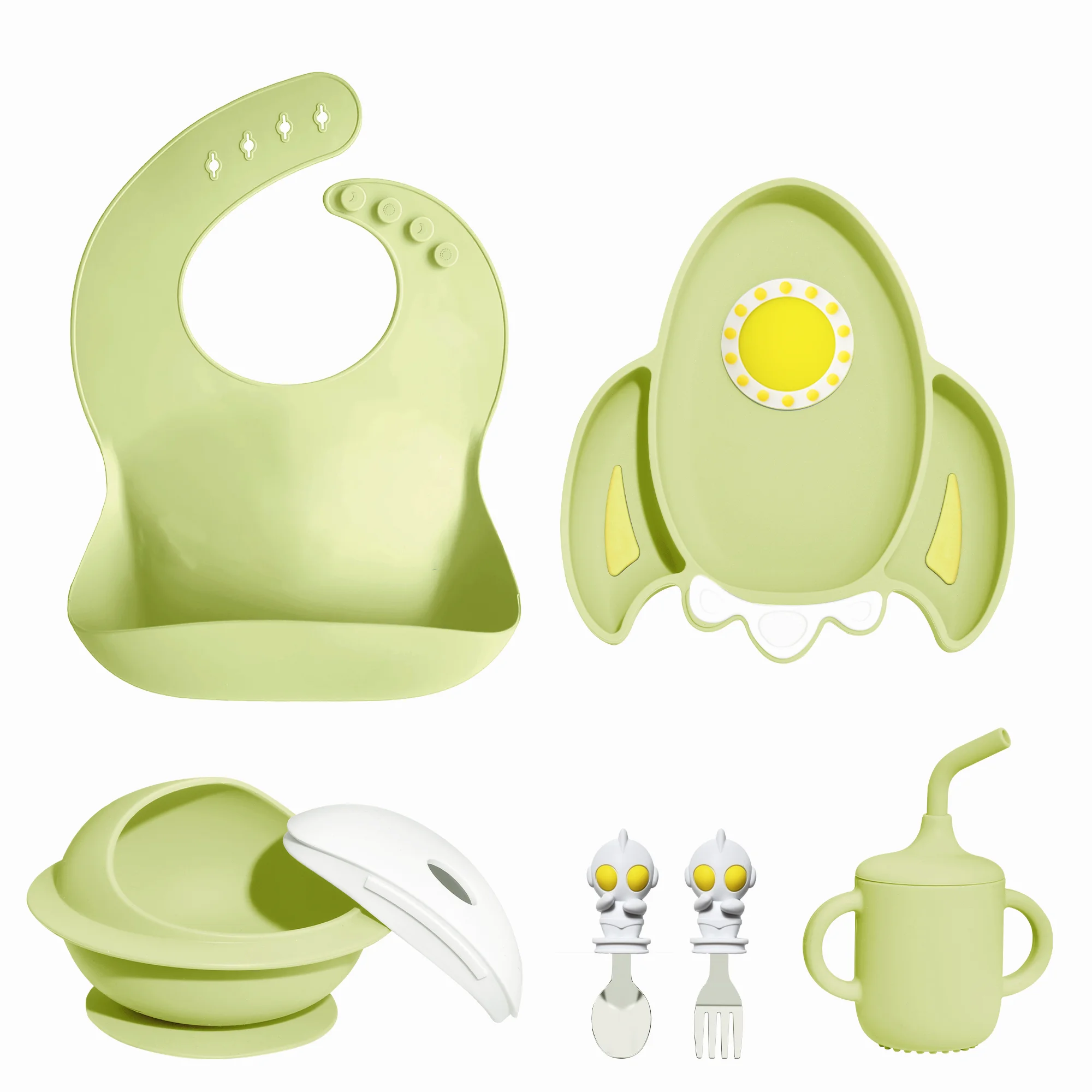 

6 PCS Baby Feeding Set Baby Led Weaning Supplies with Suction Plates and Bowls Set Toddler feeding Utensils with Spoons Bibs