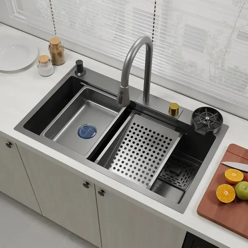 for Feiyu Waterfall Sink Basin Middle Basin Drain Basket Kitchen Stainless Steel Handmade Basin Sink Faucet Set