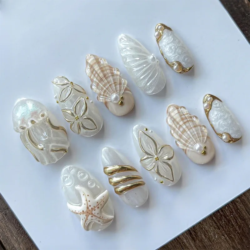 

24PCS 3D Shell Seastar Decorations False Nails with Glue Simple White French Press on Nails Artificial Wearable Almond Fake Nail