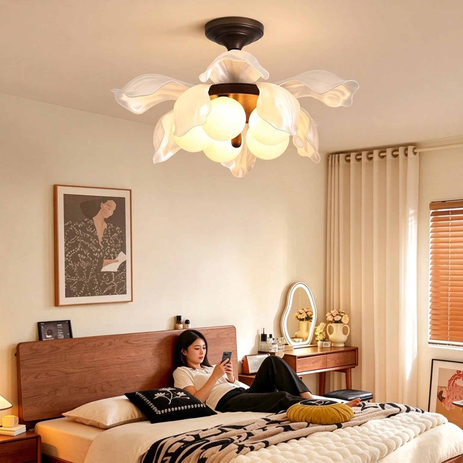 New Chinese Style Walnut Pattern Petal Ceiling Lamps Living Room Bedroom Study Full Spectrum Light Fixture Led Illumination CE