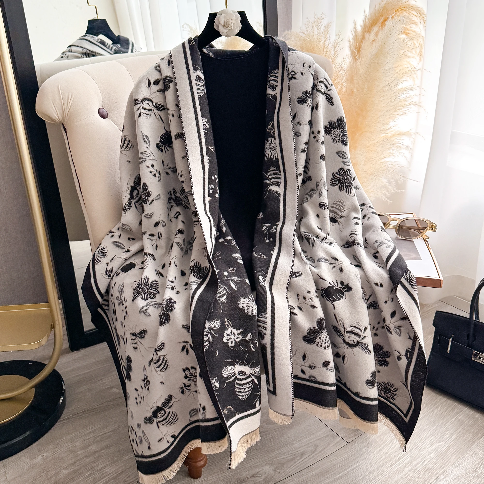

Женские большие кашемировые шарфы с цветочным принтом, хиджаб, шали из пашмины и накидки на шею на осень-зиму, модные и теплые