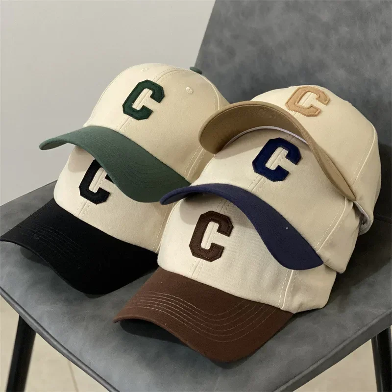 Baseballkappe mit Farbblock-Design für Damen, aus Baumwolle, lässig, mit Schirmkappe, modisch, mit C-Schriftzug, Entenschnabelkappe, unisex, für den Außenbereich, als Sonnenschutz.