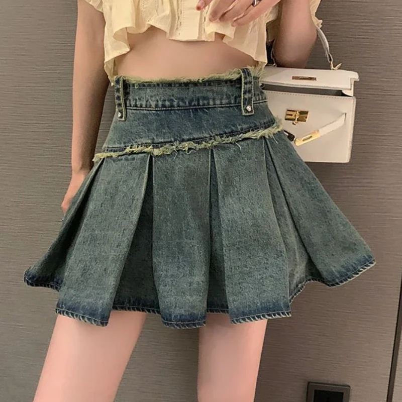 

Denim Skirts Women Simple Folds All-match Daily Designed Vintage Sweet Korean Style Seductive Basics Spring Ladies