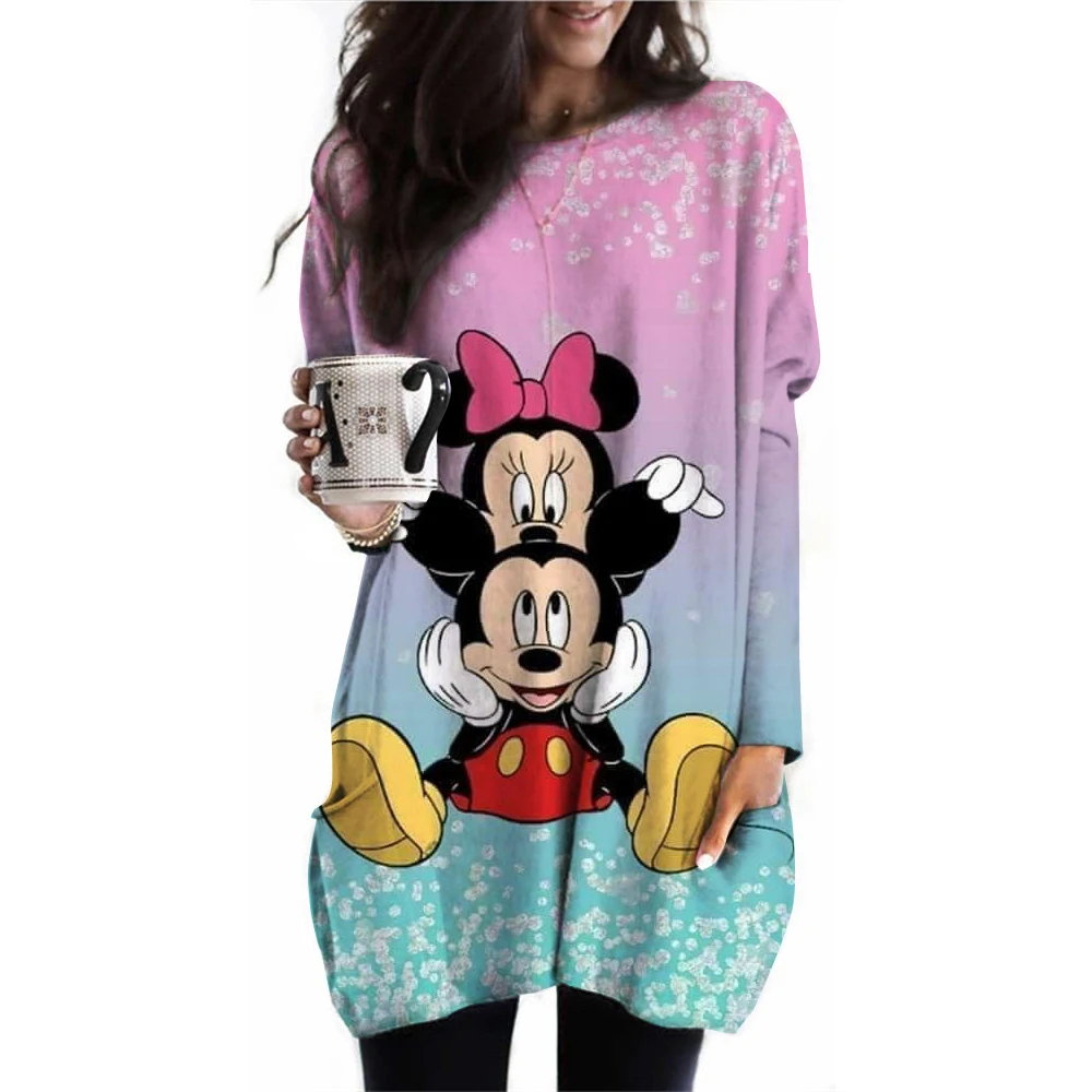 Women\'s Spring and Autumn New S-3XL Large T-shirt Solid Color Long Sleeve Loose Disney\'s Mickey Mouse Casual Harajuku Waist T-sh