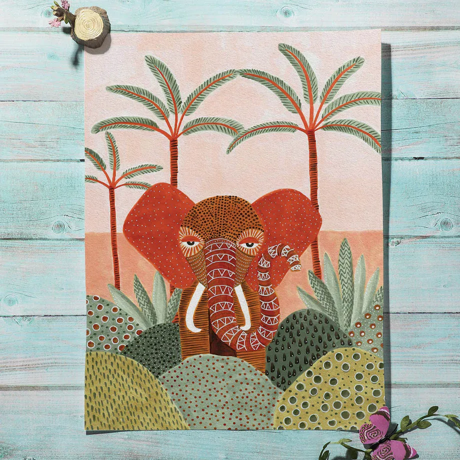 1PC frameless decorative art print,Watercolor Tropical Tree Giraffe Elephant Boho Abstract Posters And Prints Wall Art Canvas Pa