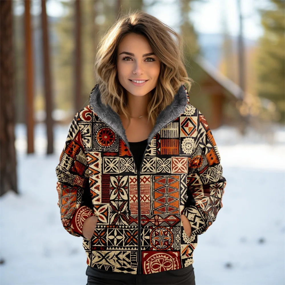 Women Coats Jackets Cardigans Printed Outdoors Flowers Tribe Retro Graphics Fleece Winter Warm Casual Streetwear Female Clothing