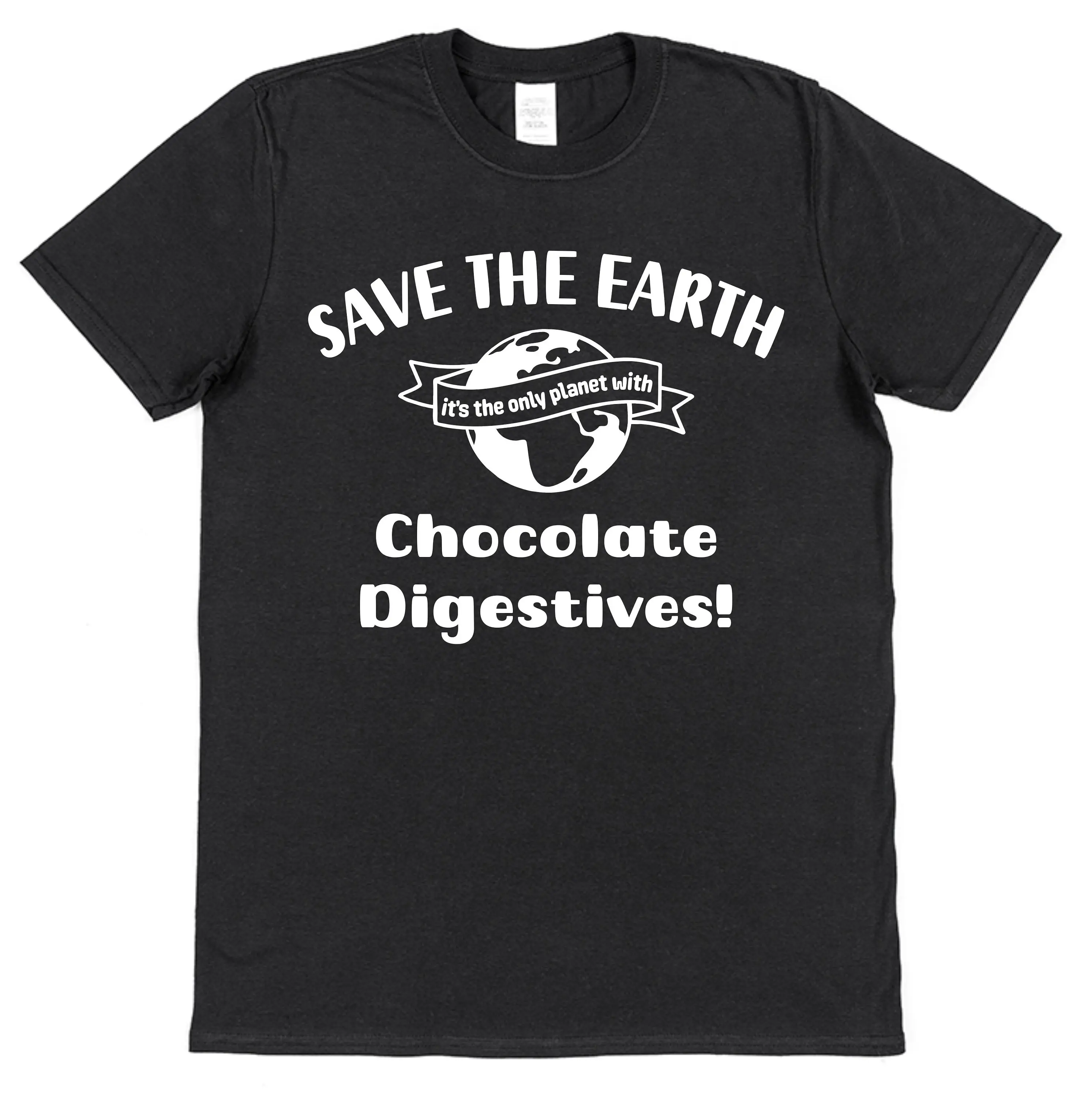 Chocolate Digestives T Shirt Save The Earth Slogan All Ages Funny British Food Biscuits Retro Tea Time Foodie Idea UK