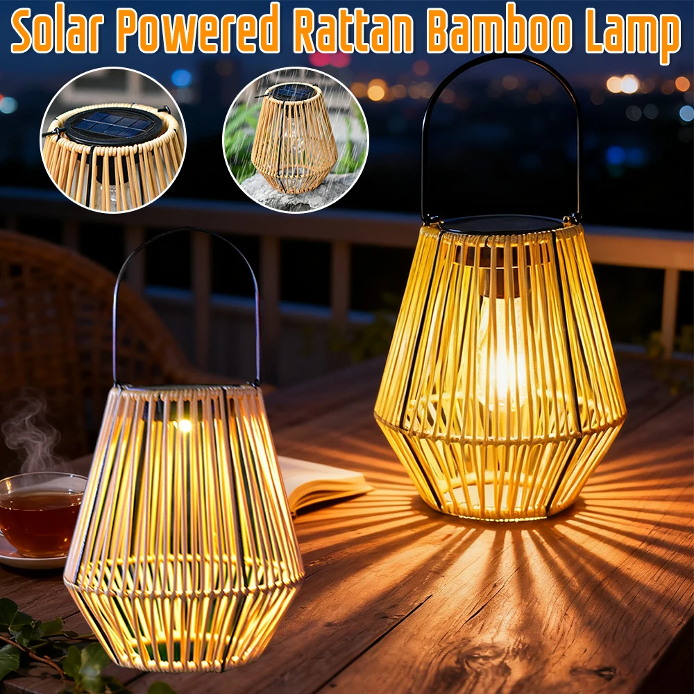 تعمل بالطاقة الشمسية الروطان الخيزران مصباح ضوء الزخرفية IP65 مقاوم للماء معلقة/وقوف الروطان فانوس بالطاقة الشمسية لحديقة فناء الشرفة